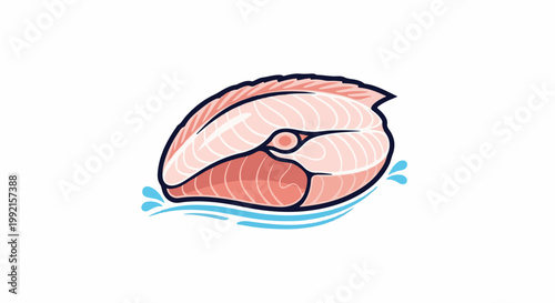 A stylized, vibrant illustration of a raw salmon steak with wavy blue water splashes