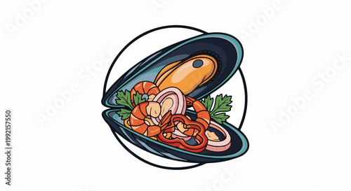 A vibrant illustration of a mussel shell overflowing with shrimp, rings of red pepper, and fresh parsley