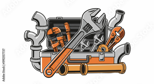 A toolbox filled with plumbing tools and pipes, ready for work