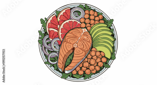 A vibrant illustration of a healthy meal with salmon, avocado, grapefruit, chickpeas, and greens