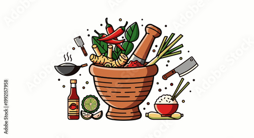 A vibrant illustration of Asian cooking ingredients and tools