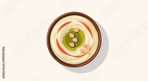 A top-down illustration of a rustic bowl of creamy hummus, garnished with a swirl of oil, paprika, and chickpeas