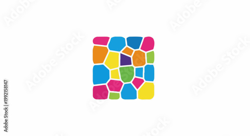 A vibrant mosaic of colorful, irregular geometric shapes on a white background