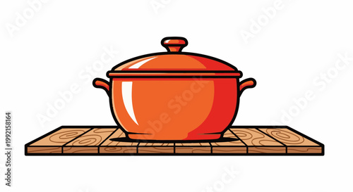 A vibrant orange pot with handles sits atop a wooden plank, isolated on white