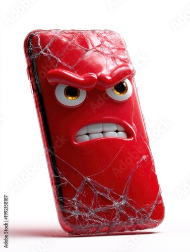 Phone with angry expression and cracked screen on white background