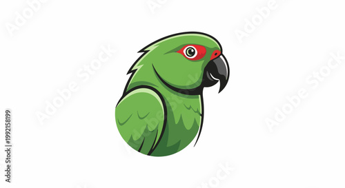 A stylized green parrot with a red eye ring and a black beak on a white background