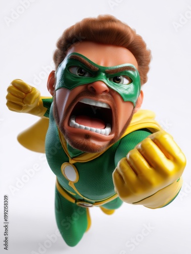 Male superhero lunging with punch in white studio scene