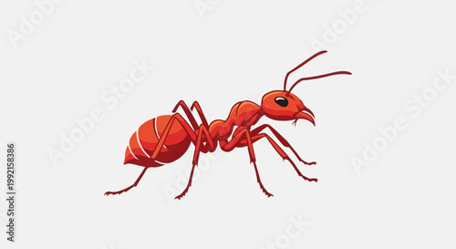 A vibrant red ant is depicted in profile against a plain, light background