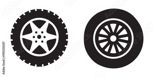 Car wheel icon vector silhouette. Black rubber wheel tire. Vehicle, road, transport