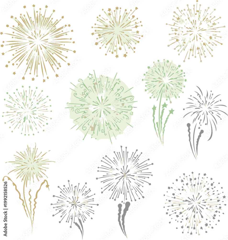 Obraz premium Sparkling Fireworks and Starburst Vector Set, Gold and Silver Festive Celebration Icons, Luxury Firework Display Elements for New Year and Events