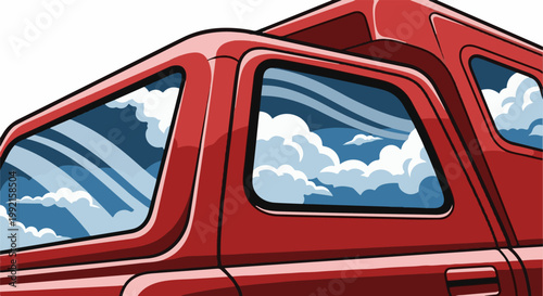 A vibrant red vehicle with windows reflecting a stylized sky and clouds