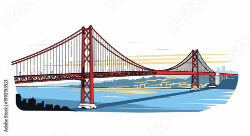 A vibrant red suspension bridge spans across blue water under a hazy, yellow-streaked sky