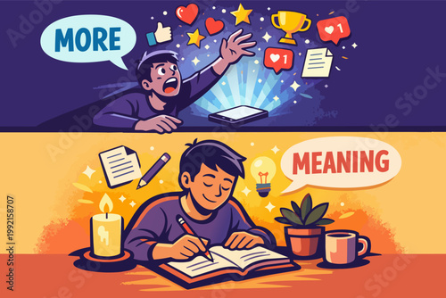 Exploring the conflict between online validation seeking and offline self-improvement, illustrating different paths to satisfaction