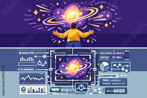 Person observing and analyzing a cosmic event in space through advanced scientific research interface
