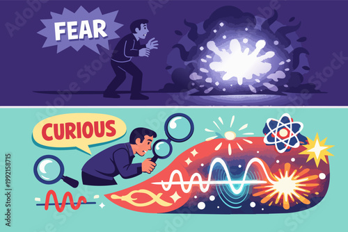 Human mindset contrast showing fear of unknown vs curiosity driving scientific investigation and discovery