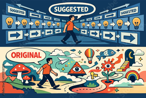 Choosing between following suggested ideas, algorithms, and conformism or pursuing original thinking, creativity, and new paths