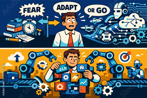 Businessman facing adapt or go dilemma, integrating new skills and technology concepts, overcoming fear of automation