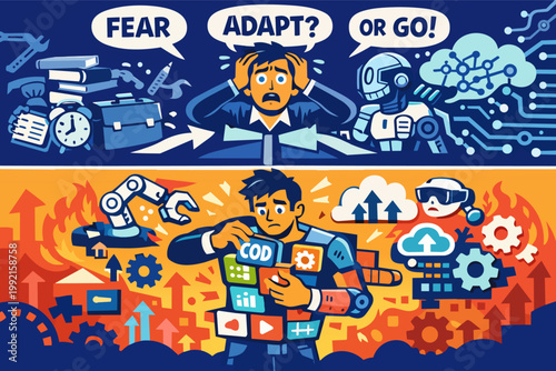 Worker facing fears and deciding to adapt to new technologies, learning skills and embracing innovation in a changing job market