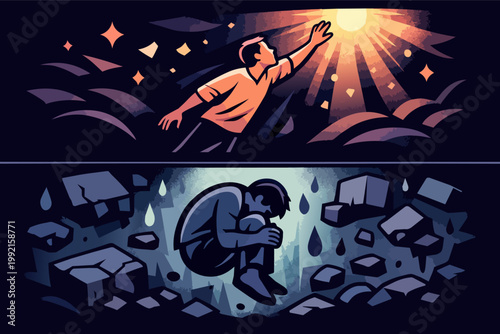 Person reaching for light and a depressed man in rocky hole depicting hope, despair, growth, and resilience