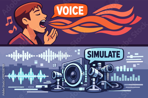 Vocal simulation showing a person’s voice producing sound waves, recreated by a machine speaker and microphone setup
