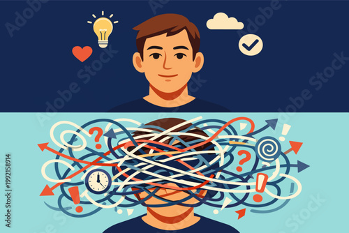 Young man finding mental clarity and solutions, overcoming confused thoughts, stress, and overthinking with a balanced mindset