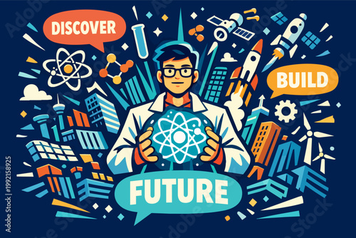 Scientist holding atom, developing futuristic innovations, discovering science, technology, and engineering for a modern future