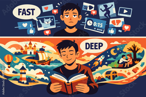 Person experiencing social media distractions versus deep immersion in reading a book, fostering focus and imagination