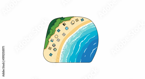 A vibrant aerial view of a secluded beach with sandy shores, lush green foliage, and crystal blue ocean waves