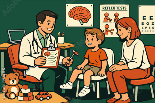 Doctor checking a child's reflexes in a pediatric office during a routine examination, with the mother sitting nearby