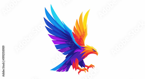 A vibrant, angular eagle with wings spread wide in flight, colored in a gradient