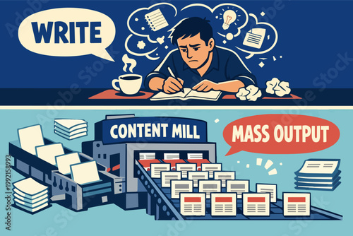 Writer struggling to find ideas for content, contrasted with an automated mill producing articles quickly for mass output