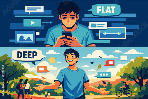 Young man choosing between superficial digital social media life and meaningful connections outdoor in nature