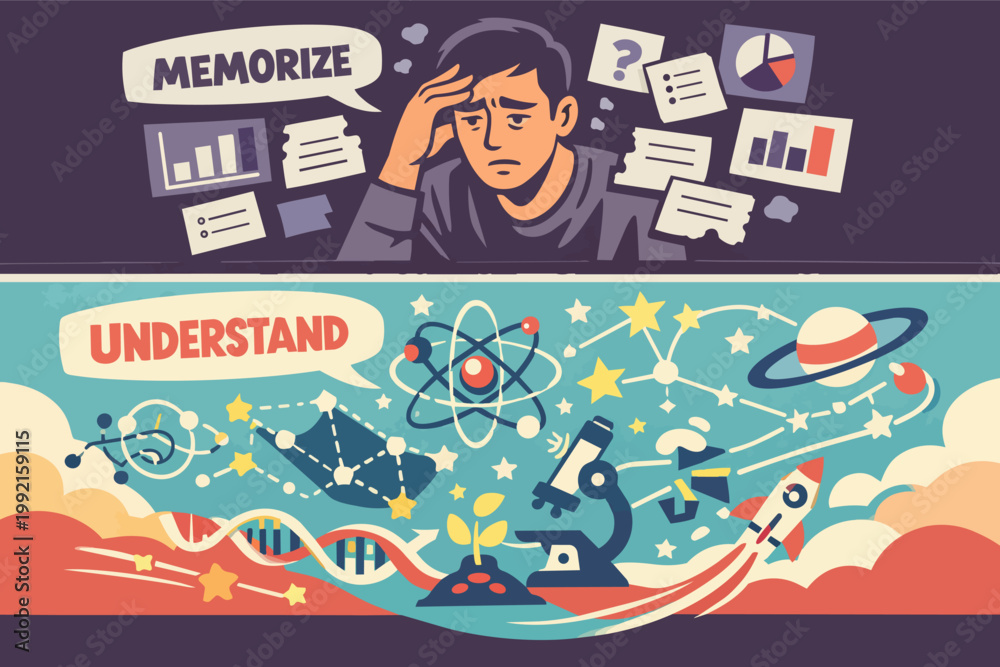 Obraz premium Comparing memorization versus understanding concepts, learning methods, and active education strategies