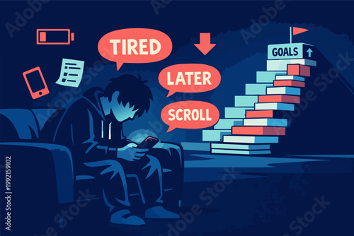 Person procrastinating on sofa with mobile phone, putting off goals, feeling tired and scrolling apps