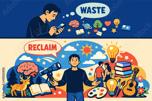 Waste time or reclaim life: young man choosing between digital distraction and embracing hobbies, nature, and relationships