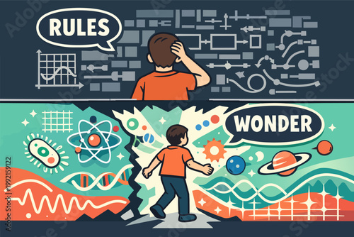 Young boy choosing between rigid rules and the expansive wonder of science, exploring discovery, imagination, and creativity