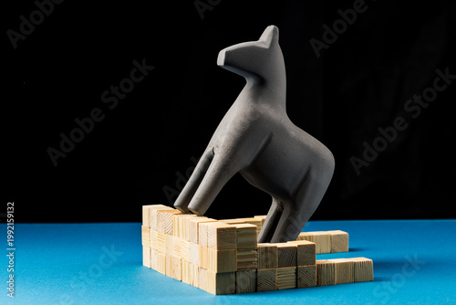 Toy Horse Confronting Wooden Fence, Limitation and Hurdle Concept