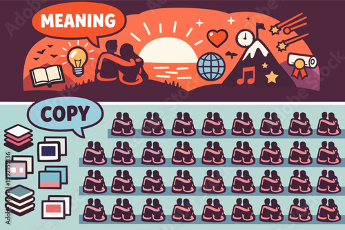 Illustrating the contrast between deep meaning with personal values and superficial copying represented by an endless row of identical items