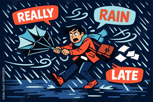 Person struggling with inverted umbrella during heavy rain and strong wind, stressing about being late concept