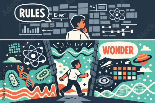 Boy moving from structured rules to open wonder, discovering science, physics, biology, and the cosmos
