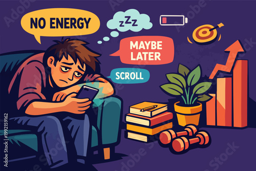 Young man feeling lazy, tired, and unmotivated, procrastinating on tasks while scrolling phone and ignoring goals