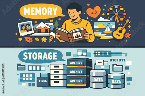 Man archiving personal memories in a photo album contrasting with digital data storage, files, and server archives