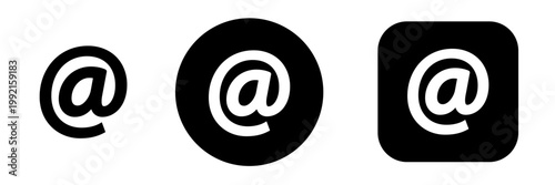 At symbol icon set in button style. @ sign for user input, username, mention, tagging, login and email address entry in web forms and app UI interfaces