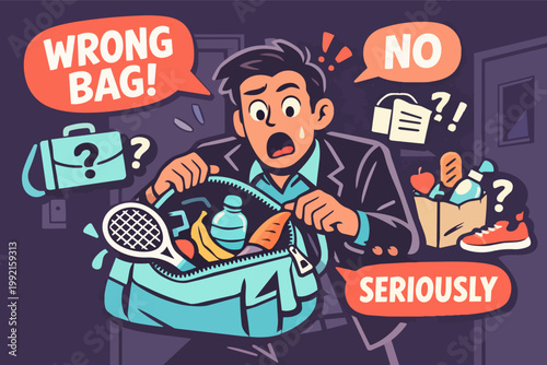 Businessman realizing wrong bag, discovering sports gear and groceries instead of briefcase, feeling stressed and confused