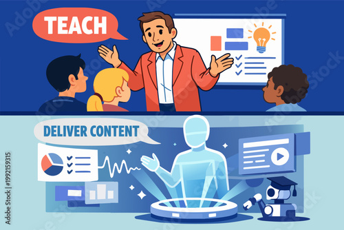 Human teacher educating children versus ai hologram delivering content, showing traditional and digital learning future