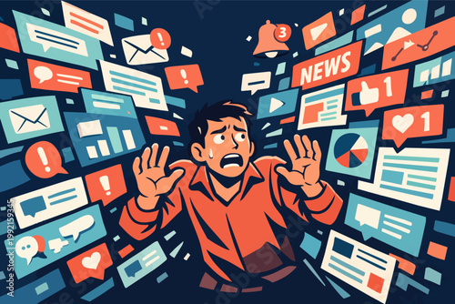 Person feeling stressed and anxious, surrounded by a flood of online notifications, social media, news, and digital content