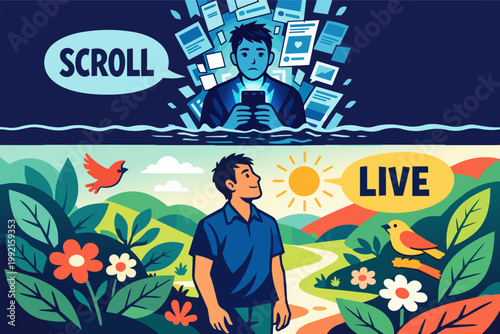 Man choosing between digital scrolling addiction and experiencing a balanced, real life in nature