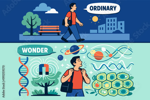Man finding wonder in science and cosmos, seeing beyond the ordinary day-to-day life, exploring new perspectives