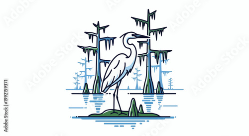 A stylized white heron stands in shallow water surrounded by cypress trees draped in moss