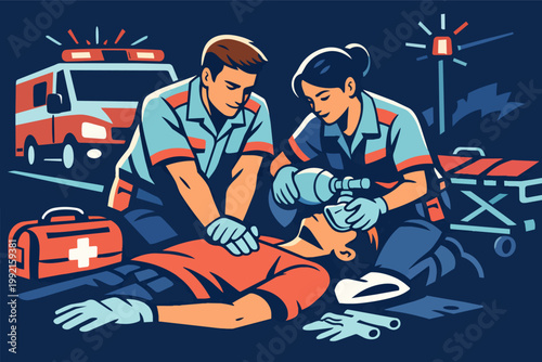 Healthcare professionals delivering critical medical assistance, resuscitation, and life support on site